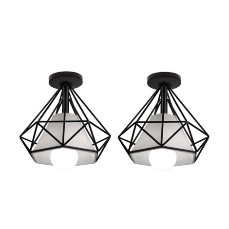 Plafonnier Industriel Vintage Suspension Luminaire Diamant Métal Tissu Noir E27 Ø20CM pour Chambre Couloir Salon Bar - 2Pcs