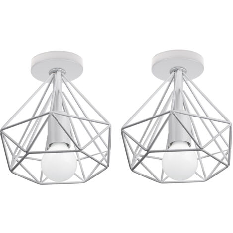 Plafonnier Industriel Vintage Suspension Luminaire en Forme Diamant Lampe de Plafond Métal E27 Ø20CM Blanc - 2Pcs