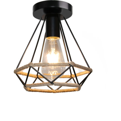 Plafonnier Industriel Vintage Suspension Luminaire Métal Corde de Chanvre Lampe de Plafond Créatif Noir E27 Ø20CM - 1Pcs