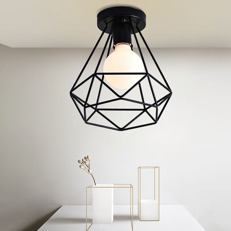 Plafonnier Industrielle Cage Diamant en Métal Fer Rétro lustre Suspension Luminaire E27 Noir