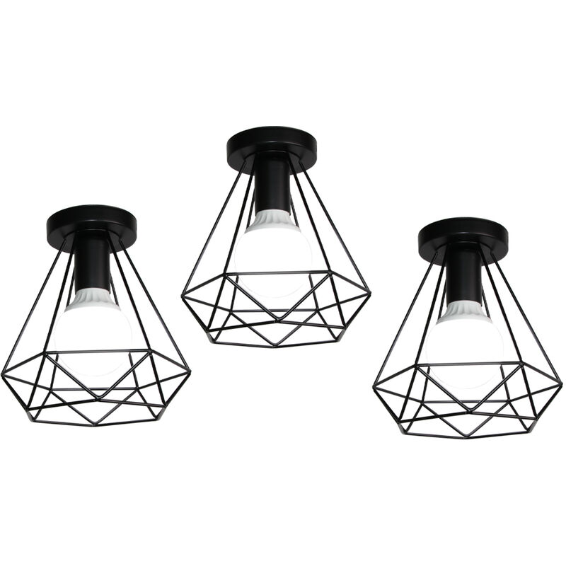 Lampe de Plafond 20cm Diamant Plafonnier Cage en Métal Noir Luminaire pour Balcon Couloir Entrée 3PCS
