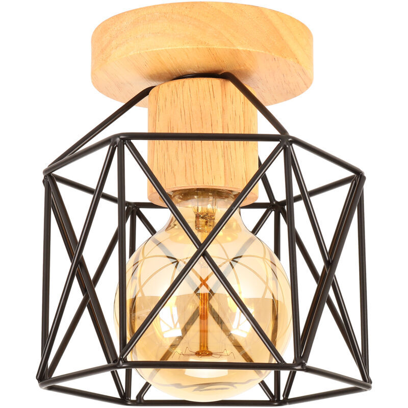 Comely - Plafonnier Industrielle en Cage Carré,Lustre Vintage Designe Edison Lampe de Plafonde en Bois Métal pour Salon (ampoule non incluse)