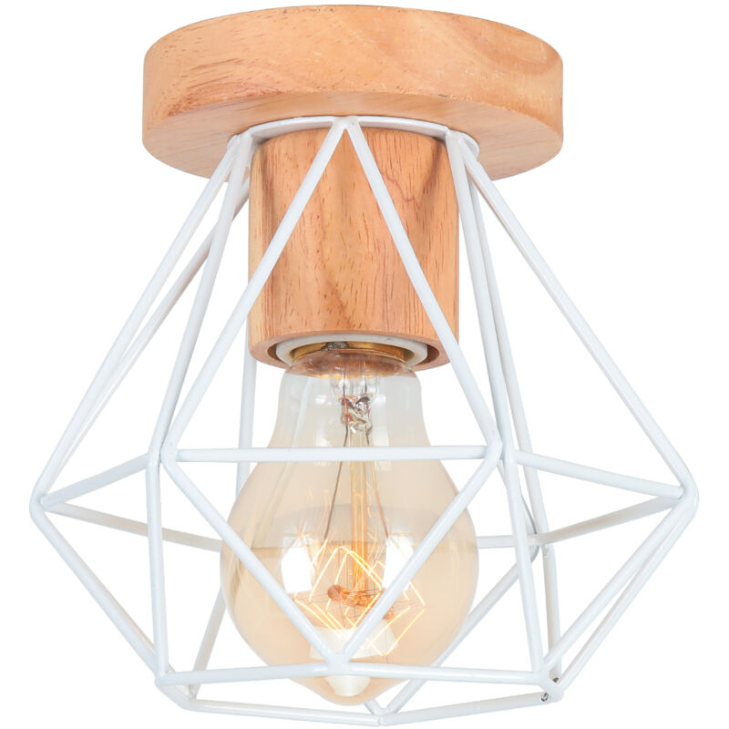 Plafonnier Industriel Bois et Métal 15CM Blanc, Lampe de Plafond Vintage Cage forme Diamant E27 Luminaire pour Salon Chambre Café Bar