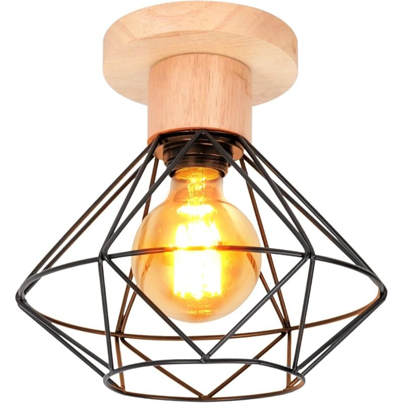 Plafonnier Industrielle Rétro Lampe de Plafond en Métal et Bois Luminaire Plafonnier Intérieur E27 Ø22CM Noir - 1Pcs
