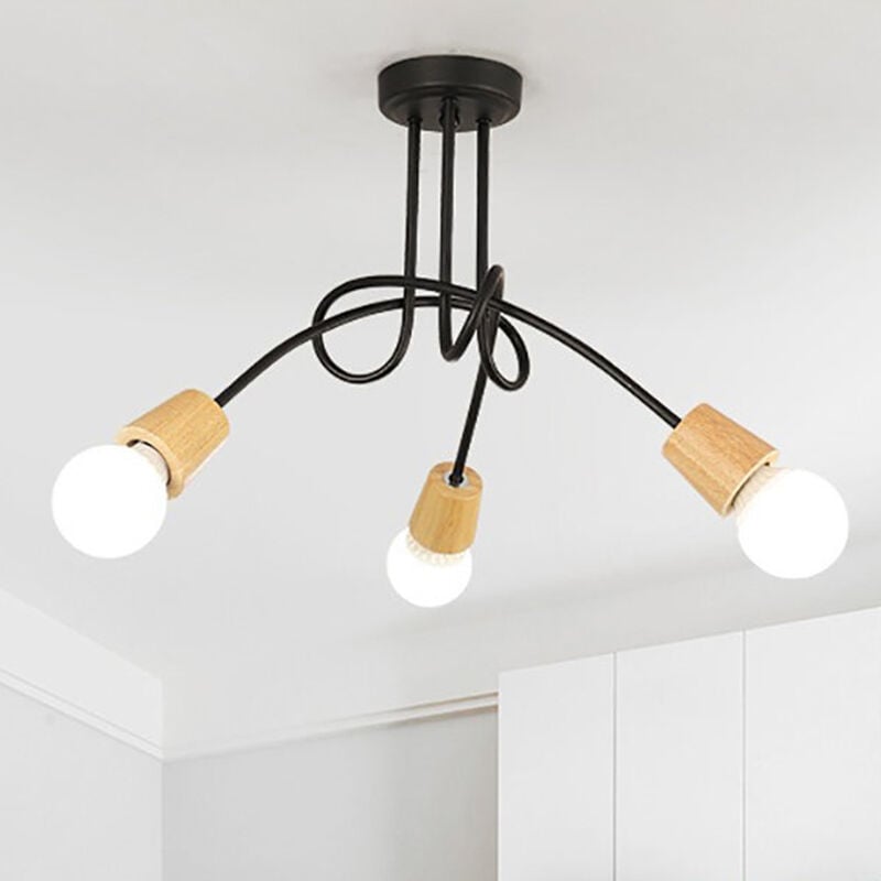 Plafonnier Industrielle Rétro en Métal Lustre Abat-jour E27 Luminaire Moderne pour Salon Chambre Salle à Manger 3 Tête Noir et Bois
