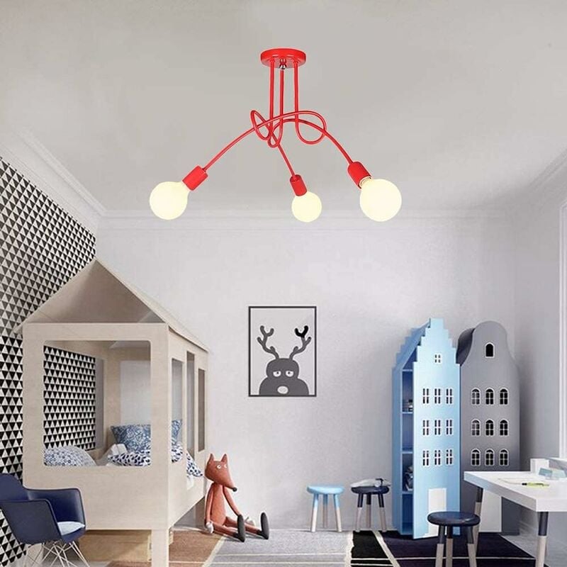 Plafonnier Industrielle Rétro en Métal Lustre Abat-jour E27 Luminaire Moderne pour Salon Chambre Salle à Manger 3 Tête Rouge