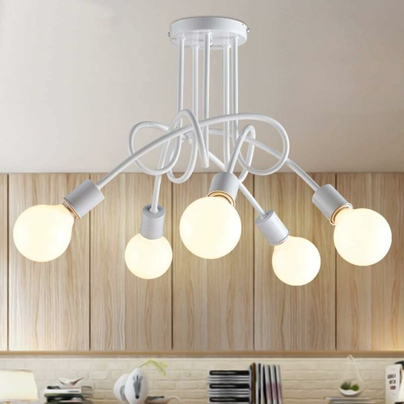 Plafonnier Industrielle Rétro en Métal Lustre Abat-jour E27 Luminaire Moderne pour Salon Chambre Salle à Manger 5 Tête Blanc