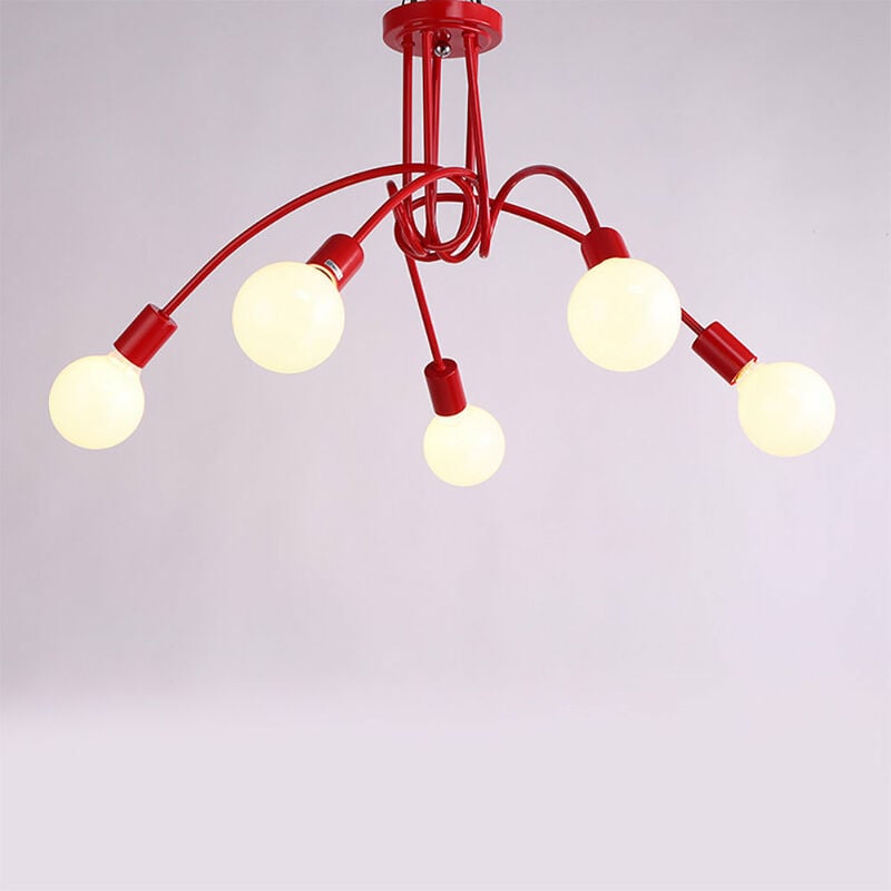 Plafonnier Industrielle Rétro en Métal Lustre Abat-jour E27 Luminaire Moderne pour Salon Chambre Salle à Manger 5 Tête Rouge