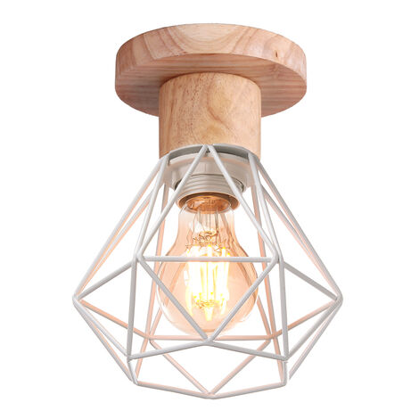 Plafonnier Industrielle Vintage Lampe de Plafond Bois et Métal Luminaire Plafonnier Intérieur Blanc E27 Ø15,5CM - 1Pcs