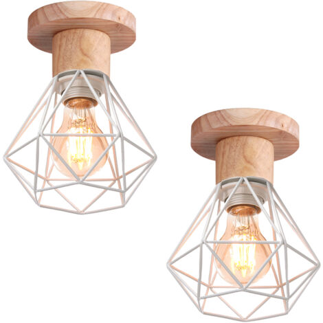 Plafonnier Industrielle Vintage Lampe de Plafond Bois et Métal Luminaire Plafonnier Intérieur Blanc E27 Ø15,5CM - 2Pcs