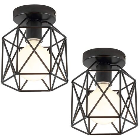 Plafonnier Industrielle Vintage Lampe de Plafond Cage en Métal Suspension Luminaire E27 Noir Ø15CM pour Salon Chambre Café Bar - 2Pcs