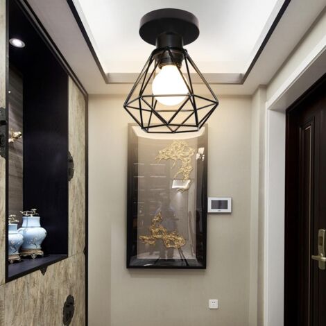 Plafonnier Industrielle Vintage Lampe de Plafond en Cage Diamant Luminaire Suspension en Métal E27 pour Couloir Escalier Chambre Noir