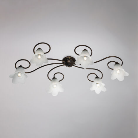 Plafonnier Iron Brown Gold six lumières abat-jour verre blanc 99x50x h17 cm