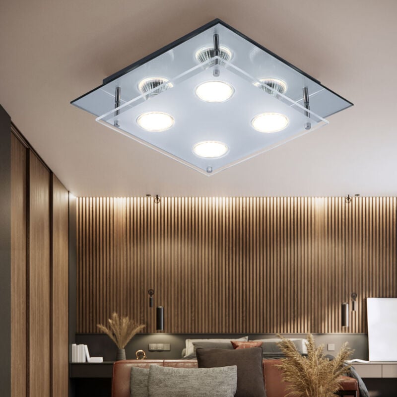 Plafonnier lampe chambre lampe en verre salon, 4 flammes, bord miroir en verre chromé clair, 4x led 12W 1000Lm 3000K, HxLxW 8x27x27 cm