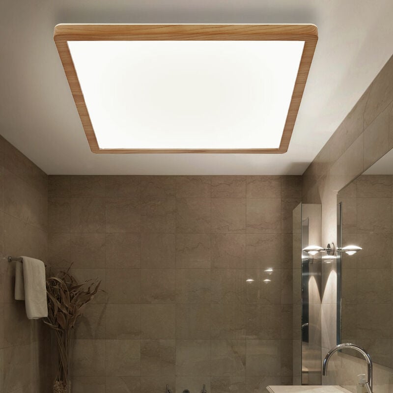 Plafonnier à panneau de plafond plafonnier Panneau led lampe de salle de, fonction mémoire de rétroéclairage IP44 3 niveaux, aspect bois opale, 24W