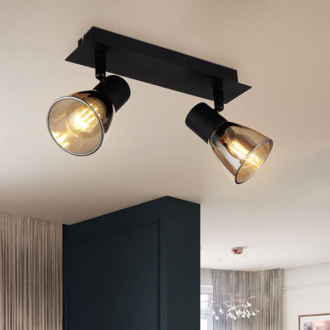 Plafonnier lampe de salon bois métal verre 2 lampes noir mat interrupteur à bascule