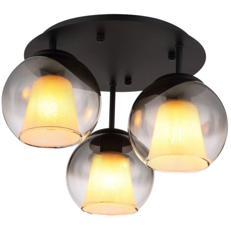 Plafonnier lampe de salon cristaux 3x E27 boule de verre fumé noir