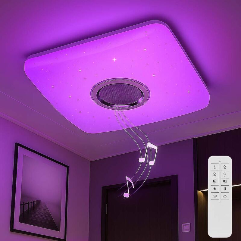Plafonnier lampe de salon dimmable veilleuse, application haut-parleur Bluetooth télécommande led rvb, 1x led 18W 1120lm 3000-6000K, LxlxH 37x37x8,5cm