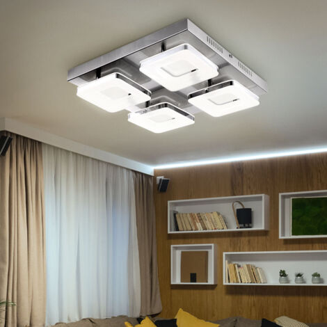 Plafonnier, lampe de salon, lampe de salle à manger, lampe de couloir, 4 flammes, acier, anneau chromé, nickel mat, 4x LED 18W 540Lm blanc chaud, LxlxH 39x39x7,5cm