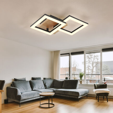 Plafonnier lampe en bois dimmable plafonnier LED salon, variateur 3  niveaux, métal, 40W 2000Lm 3000K, LxH 80x13 cm
