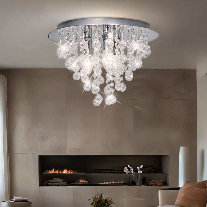 Plafonnier lampe de salon lustre chambre plafonnier cristaux, métal chrome argent, 3 ampoules E14, D 38 cm