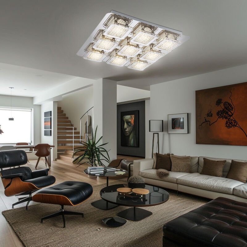 Plafonnier lampe de salon moderne lampe led design crystals carré, métal, plastique, led 45W 4950lm 3000K blanc chaud, LxlxH 40x40x6,5 cm