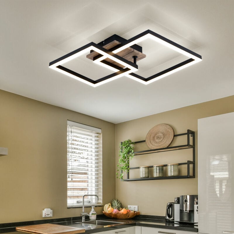 Plafonnier, lampe de salon, noir, plafonnier aspect bois avec éléments mobiles, métal, 1x led 18 w 1200lm 3000K blanc chaud, LxlxH 53x38x9 cm
