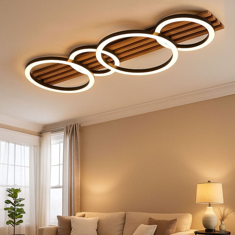 Globo Lighting - Plafonnier lampe de plafond en bois luminaire salle à manger anneaux lumineux noir led l 86 cm