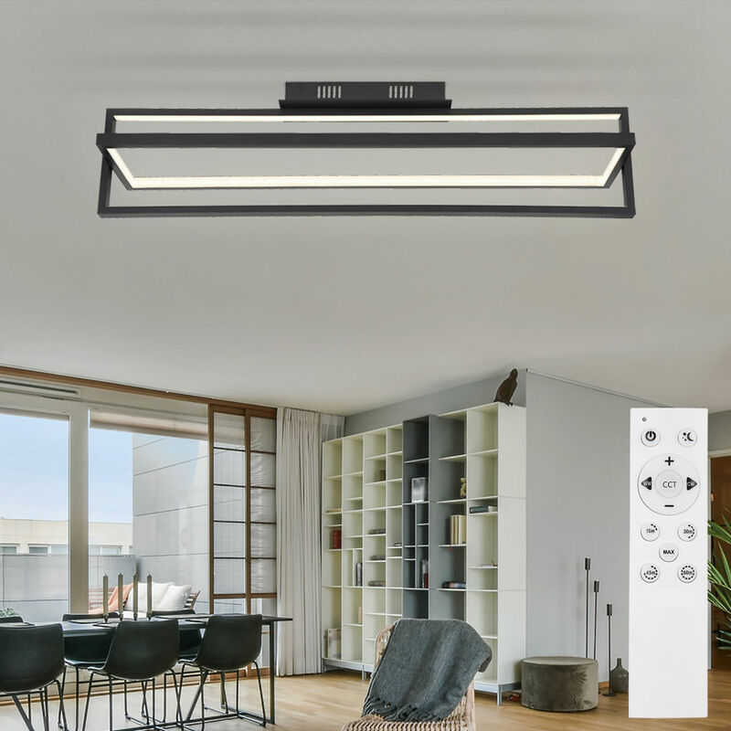 Plafonnier, lampe de salon, veilleuse dimmable, télécommande, minuterie, pivotant, métal noir, 1x led 23W 880Lm 2700-6500K, LxlxH 82x18x21,5cm