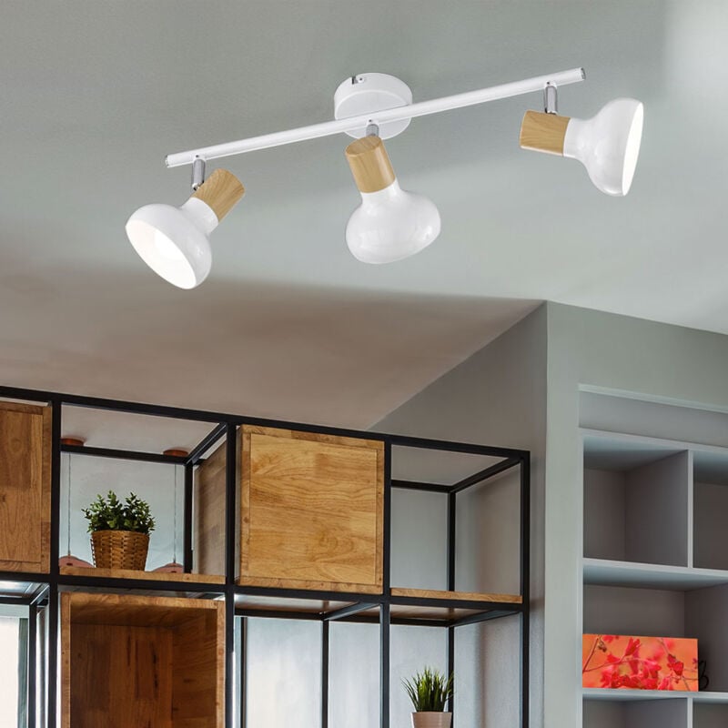 Wofi - Plafonnier lampe en bois 3 flammes plafonnier blanc 3 spots avec spots orientables, métal bois, 3x E14, LxlxH 49x13x16 cm 775503069000