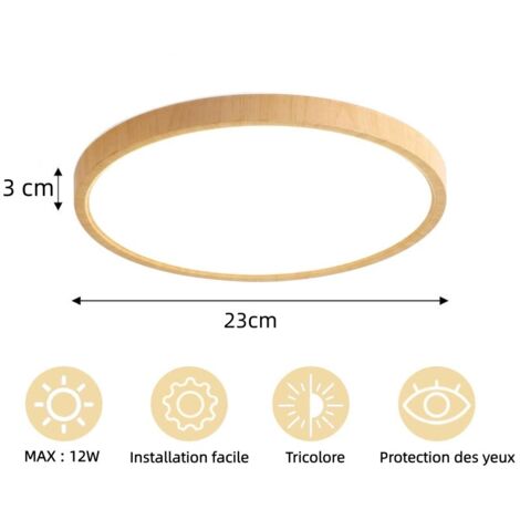 Plafonnier LED 12W à intensité variable avec télécommande, 220V, finition aspect bois, 230x28mm ultra-mince, éclairage rond pour chambre, salon, cuisine