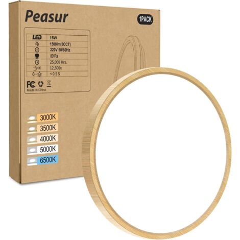Plafonnier LED, 15W 1500LM Luminaire Plafonnier Salle de Bain, IP54 Etanche & 5 Couleurs, Lampe Plafond Rond pour Cuisine, Chambre, Couloir, Garage, Bois