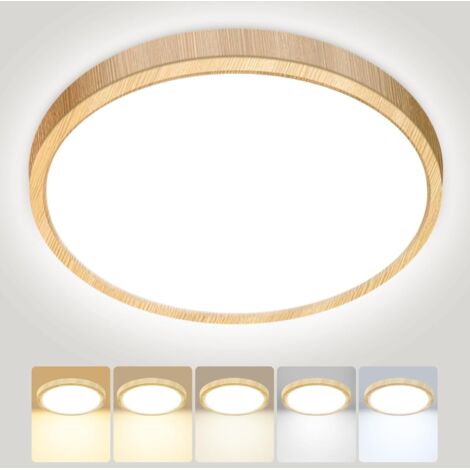 Plafonnier LED, 24W 2800LM Luminaire Plafonnier Salle de Bain, IP54 Etanche & 5 Couleurs(3000K/3500K/4000K/5000K/6500K), Lampe Plafond Rond pour Cuisine, Chambre, Couloir, GarageØ30CM Bois