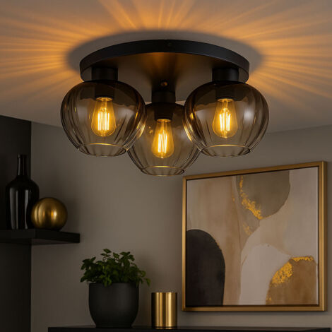 Plafonnier LED 3 flammes rétro en verre fumé Plafonnier de salon Plafonnier de couloir, métal noir, 3x 6W 806Lm blanc chaud, DxH 45 x 20,5 cm