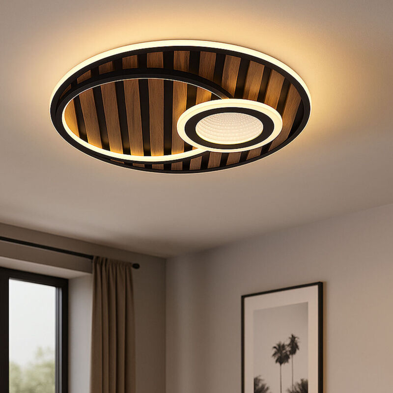 Globo Lighting - Plafonnier led 3 niveaux Plafonnier effet 3D Salon bois noir, métal, 32W 1300Lm blanc chaud, d 50 cm