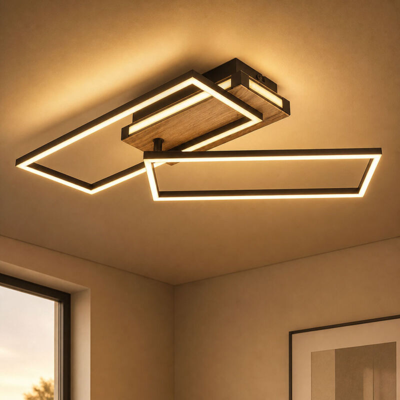 Plafonnier LED 3 niveaux Plafonnier en bois noir Salon mobile, aluminium métal, 34W 1700Lm blanc chaud, LxlxH 60x49x10 cm