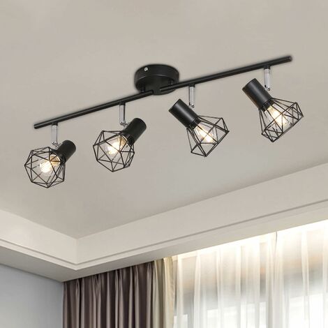 Plafonnier LED 4 Spots Orientables Pivotants Plafonnier Industrielle Rétro en Métal Noir Cage, Spots de Plafond Suspension Luminaire Spot Led pour Cuisine Couloir Salon Chambre Coucher