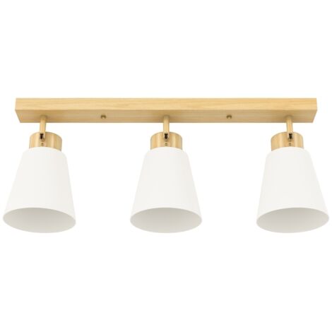 Plafonnier LED 40 W, lampe de plafond à double fixation et têtes orientables à 90° avec 3 douilles E27, bois naturel