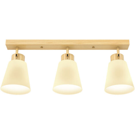 Plafonnier LED 40 W, lampe de plafond à double fixation et têtes orientables à 90° avec 3 douilles E27, bois naturel