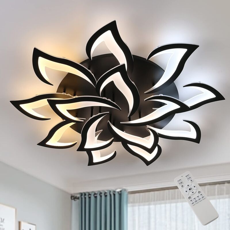 Goeco - Plafonnier led Dimmable avec Télécommande, Lampe Plafond Moderne Noir 14 Têtes 84W 9450LM en Acrylique Design en Pétales pour Salon Chambre