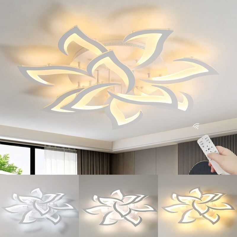 Plafonnier led Dimmable avec Télécommande, Lampe Plafond Moderne Blanche 10 Têtes 84W 9450LM en Acrylique Design en Pétales pour Salon Chambre