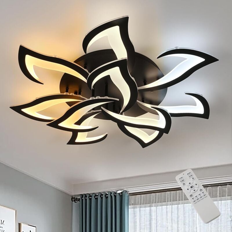 Plafonnier led Dimmable avec Télécommande, Lampe Plafond Moderne Noir 10 Têtes 84W 9450LM en Acrylique Design en Pétales pour Salon Chambre Couloir