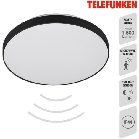 Telefunken - Plafonnier LED rond avec détecteur de mouvement - 29x6cm - Plafonnier crépusculaire IP44 Terrasse Salle de bain 16W 1500lm 4000K lumière blanc neutre noir