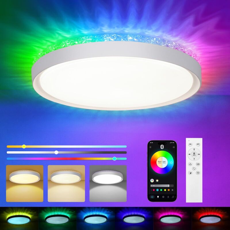 Plafonnier LED à intensité variable avec télécommande, 285 cm, RVB coloré, application, variateur et télécommande, idéal pour les chambres, cuisines