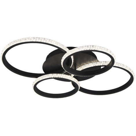 Plafonnier LED à intensité variable Plafonnier noir mat cristaux Lampe design anneaux orientables, 27W 3400lm blanc neutre, LxHxP 65 x 8 x 49 cm