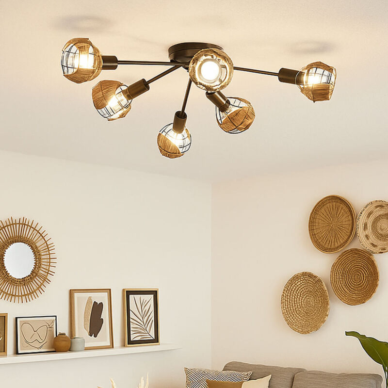 Plafonnier LED à intensité variable tressé 6 flammes Plafonnier Salon, métal noir marron, 6x 4W 6x 470lm blanc chaud, DxH 67x20cm Plafonnier LED à intensité variable tressé 6 flammes Plafonnier Salon, métal noir marron, 6x 4W 6x 470lm blanc chaud, DxH 67x20cm