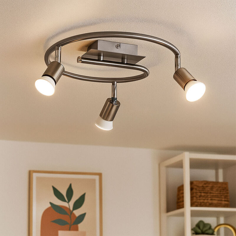 Plafonnier led Spotrondell, acier brossé, 3 flammes, diamètre 50 cm, table à manger salon