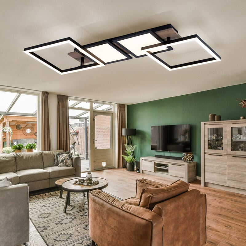 Plafonnier led aspect bois plafonnier salon noir avec éléments mobiles, métal, 36W 2100lm blanc chaud, LxlxH 100x27x11 cm