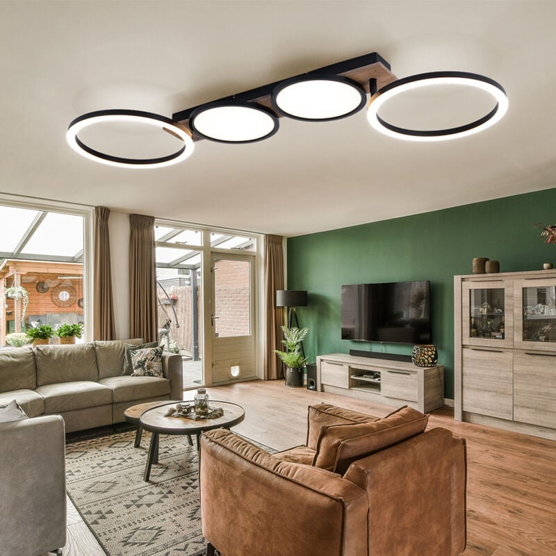 Plafonnier led aspect bois plafonnier salon noir avec éléments mobiles, métal, 38W 2300lm blanc chaud, LxlxH 108,5x30x11 cm