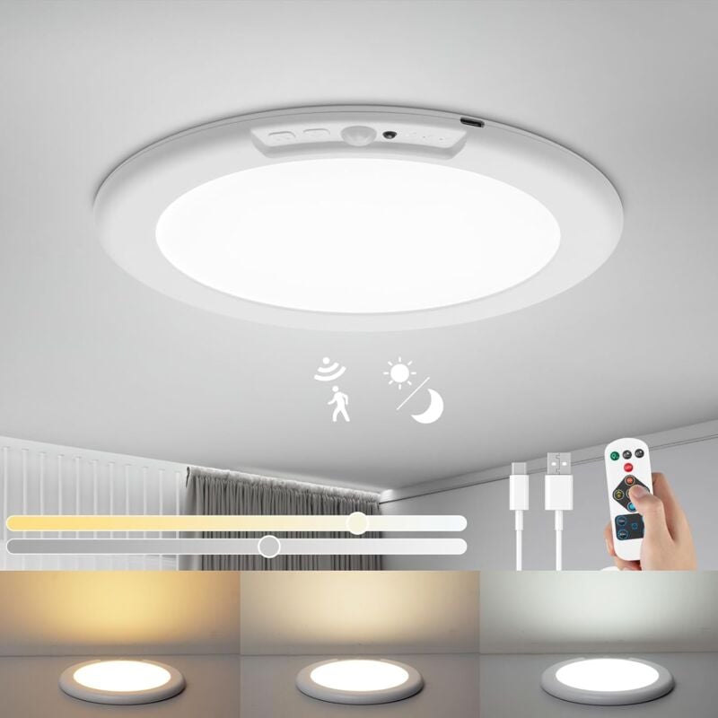 Plafonnier LED avec Detecteur de Mouvement, 6000mAh Rechargeable Plafonnier Sans Fil avec Télécommande, Ø19CM Rond Lampe Plafond 3000K-6500K